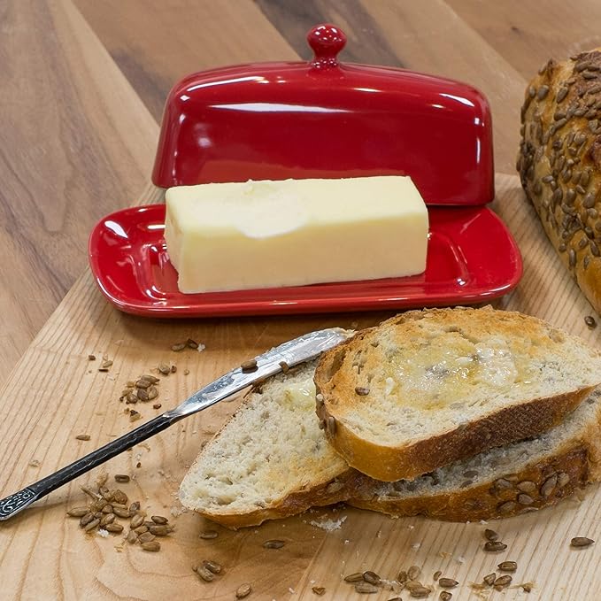 Now Designs Stoneware Rectangle Butter Dish with Lid, Red 4.5 x 8 in