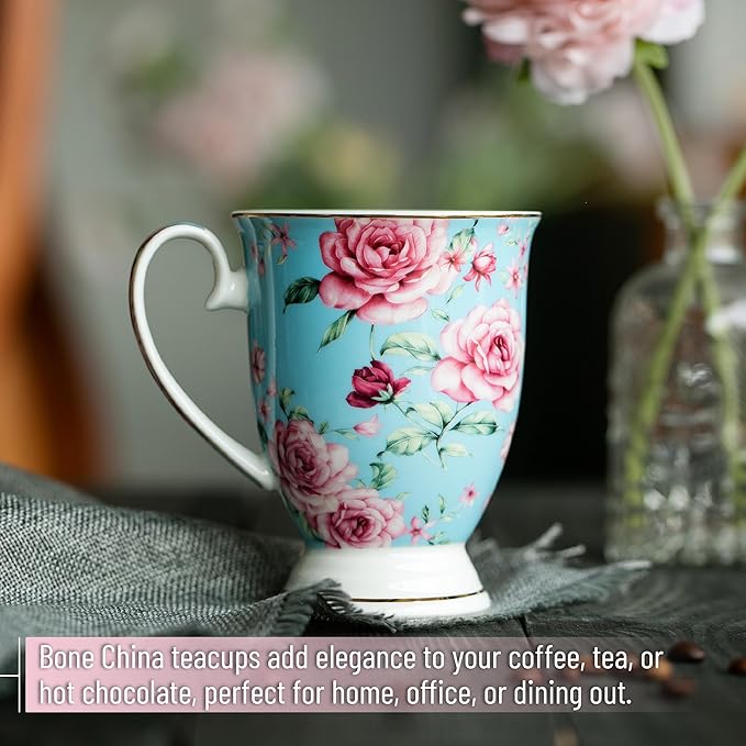 BTaT- Coffee Mugs, 12 oz, Set of 6, Floral Mugs, Porcelain Bone China, Coffee Cups