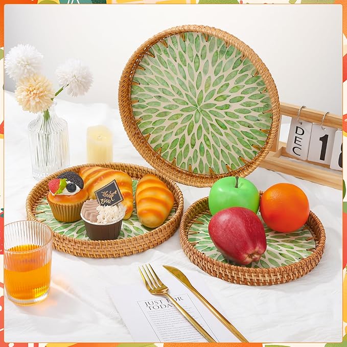 3 Pack Round Rattan Tray with Mother of Pearl Inlay, Decorative Boho Woven Basket Trays for Breakfast Tea Snack Fruit Coffee