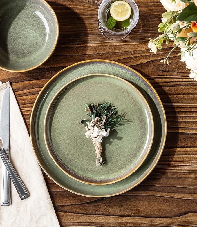 TheTerra Ceramic Dinnerware Sets for 6, 18 Pieces Handmade Reactive Glaze Plates and Bowls Sets, Scratch Resistant Dish Set, Oven & Microwave & Dishwasher Safe, Brown Green