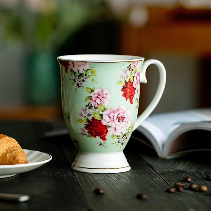 BTaT- Coffee Mugs, 12 oz, Set of 6, Floral Mugs, Porcelain Bone China, Coffee Cups