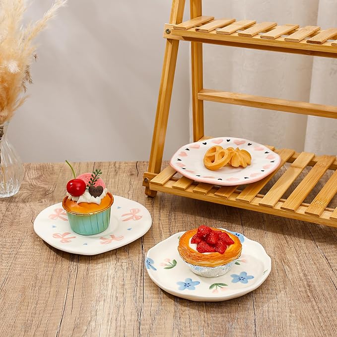 Koythin Ceramic Dessert Plates, Cute Fruits Dinner Plate, Creative Plates Design, Printed Flowers Dinnerware for Office and Home, Kitchen Plates for Desserts (Blue Flowers and Tulip)