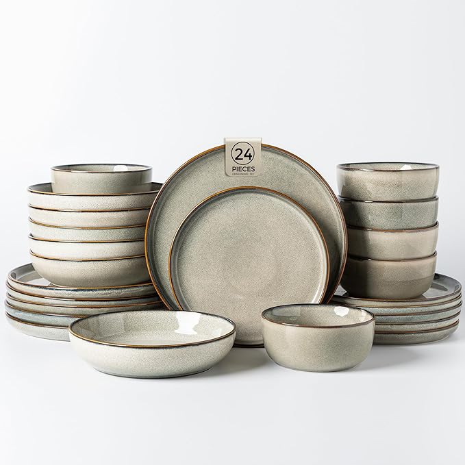 GBHOME 24 Pieces Double Bowls Ceramic Dinnerware Sets for 6, Stoneware Plates and Bowls Set with Reactive Glaze, Scratch Resistant Stoneware Dishes Set, Dishwasher & Microwave Safe