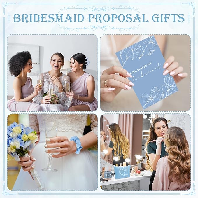 42 Pcs 6 Sets Wedding Favors Bridesmaid Proposal Gifts Maid of Honor Ceramic Coffee Cups Cosmetic Makeup Bags Invited Cards Scrunchies Knotted Bracelets Jewelry Bags Hair Claw Clips(Blue)