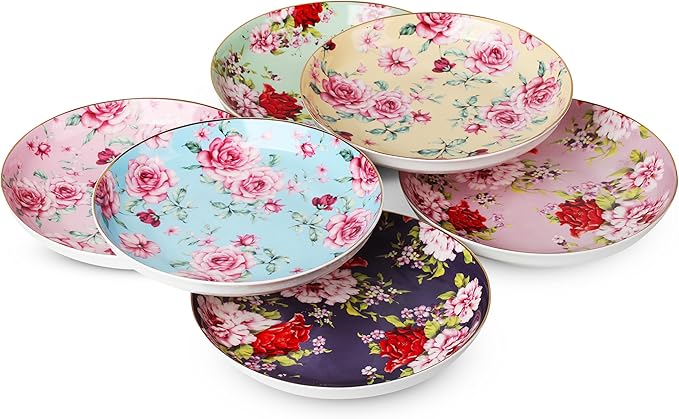 BTaT- Porcelain Floral Dessert Plates, 8 inch, Set of 6, Deep Plates, Porcelain Bone China, Appetizer Plates, Small Dishes