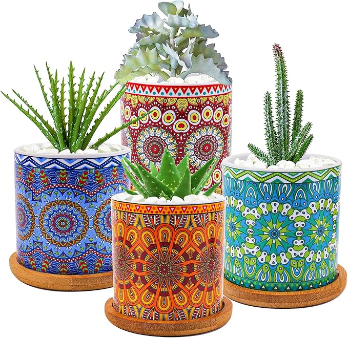 Yesland 4 Pack Succulent Plant Pots with Bamboo Tray, 3 Inch Ceramic Mandalas Pattern Cylinder Planter & Flower Pots with Drainage Hole, for Flowers, Cactus, Home, Garden, Office Decoration