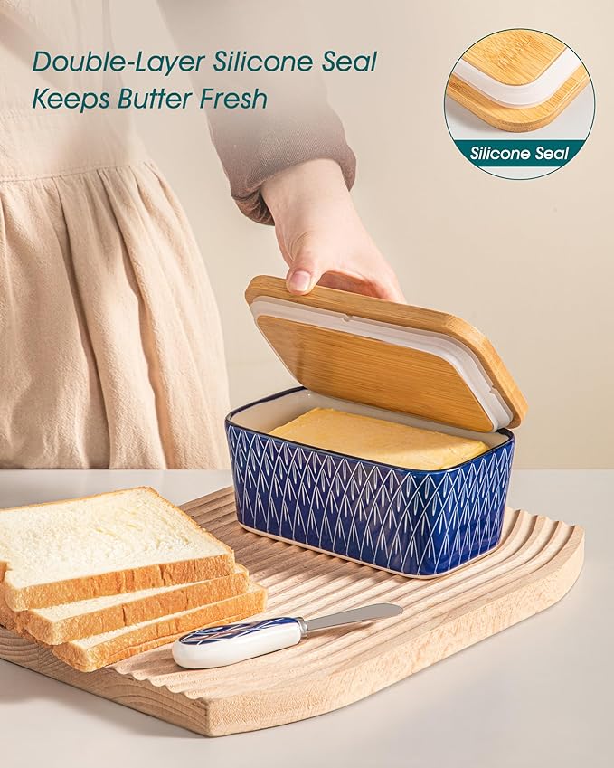 vancasso SELENE Butter Dish with Lid, 6.5" Large Butter Dish for Countertop, Ceramic Butter Keeper Container with Knife and Bamboo Lid, Geometric Weave Pattern