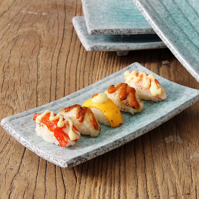 Uaral Sushi Plate Japanese Plates 8.5 inch Ceramic Sashimi Plate,4 Piece Rectangle Sushi Dishes(Light Blue)