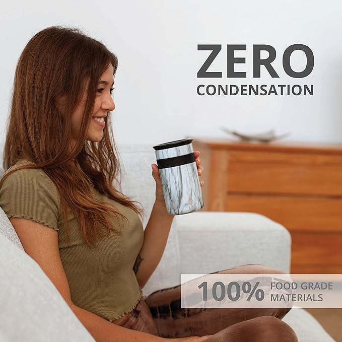 Elemental Personalized Artisan Insulated Tumbler, Triple Wall Coffee Travel Tumbler, Reusable Stainless Steel Coffee Tumbler with Ceramic Lid, Thermal Coffee Cup for Hot & Cold, 12oz - White Marble