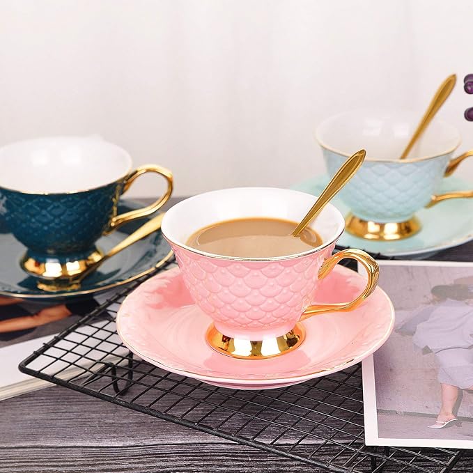 VanEnjoy Green Vintage 8 Ounces Porcelain Coffee Cup,Tea Cup and Saucer Set and Saucer with Decorative Scale Pattern, Vintage