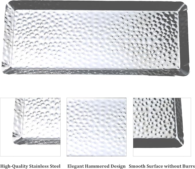 10x4inch Hammered Rectangular Tray, Stainless Steel Decorative Serving Tray, Silver Platter for Kitchen, Bathroom, Bar, Vanity Storage