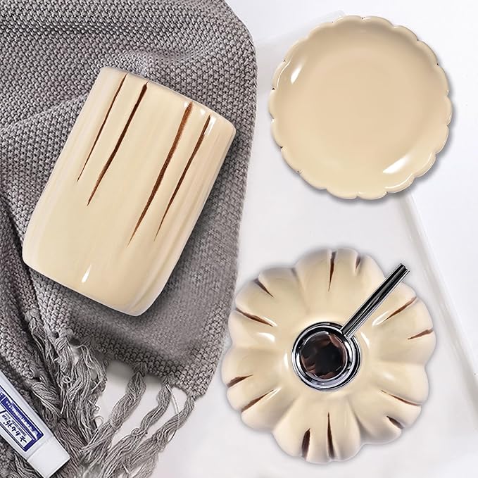 Fall Bathroom Accessory Set of 3, Harvest Pumpkin Bathroom Decor, Ceramic Bathroom Accessories Complete -Toothbrush Holders, Soap Dispenser, Soap Dish, Bathroom Organizer for Countertop