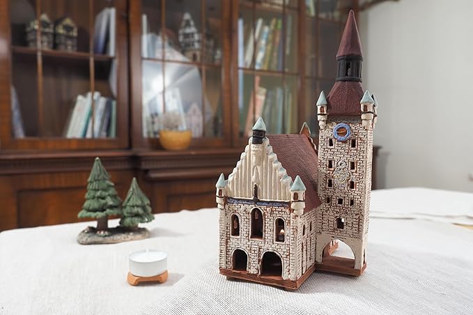 Ceramic Art Tealight Candle Holder Room Decoration Handcrafted Collectible Miniature Light House Old Town Hall in Munchen, Bavaria, Germany B325N*