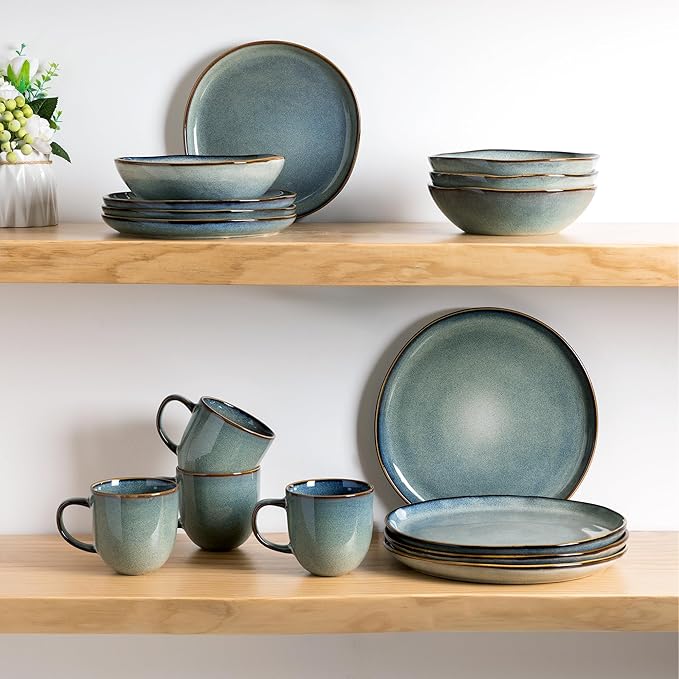 AmorArc Ceramic Dinnerware Sets,Handmade Reactive Glaze Stoneware Plates and Bowls Sets,Highly Scratch Resistant | Dishwasher & Microwave Safe Dishes Set,Service for 4 (16pc)