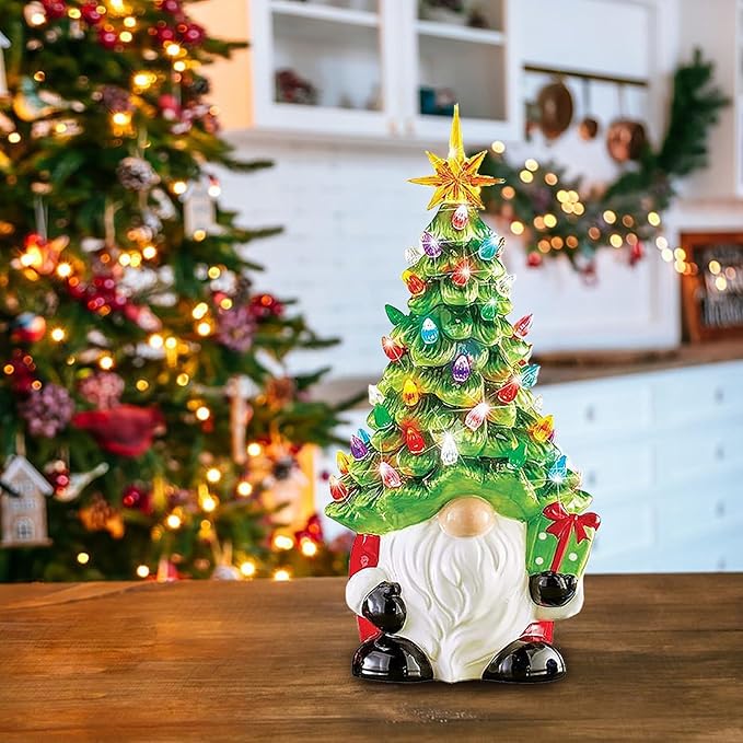 Lighted Ceramic Gnome Christmas Tree, 8 Inch Glowing Tabletop Decor for Home Holiday Christmas Decorations
