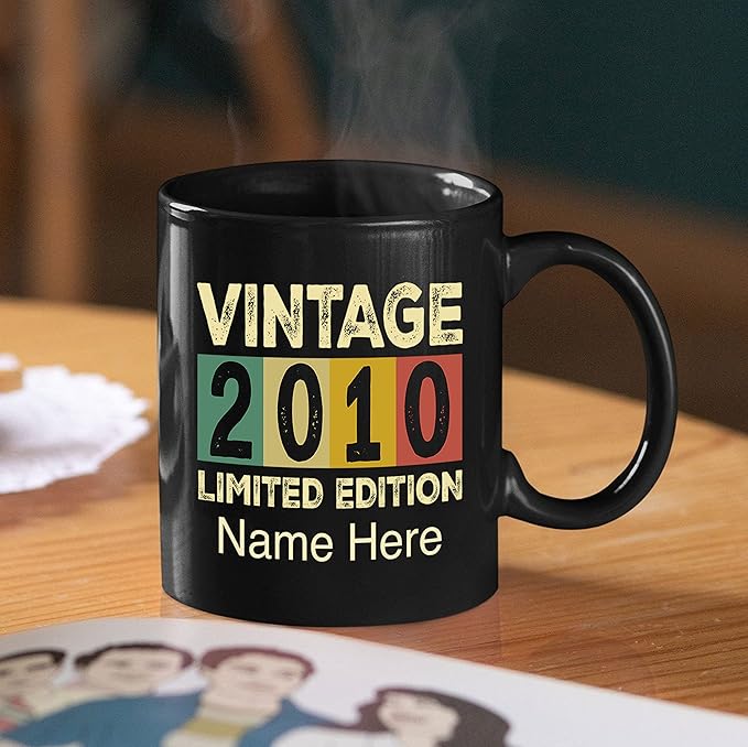PREZZY Vintage 2010 Limited Edition 13rd Birthday Decorations Personalized Gifts for Women Men Mothers Day Fathers Day Gift 13 Year Old Birthday Mug Customized Name Ceramic Black Tea Cup 11oz 15oz