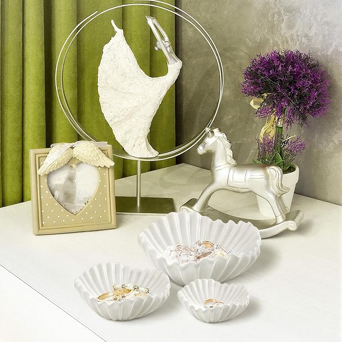 3 Pcs Ceramic Ruffle Bowl 3 Sizes Scalloped White Decorative Bowls Fruit or Key Holder for Modern Home Decor Entryway Living Room Coffee Table Centerpiece Decor Housewarming Gifts