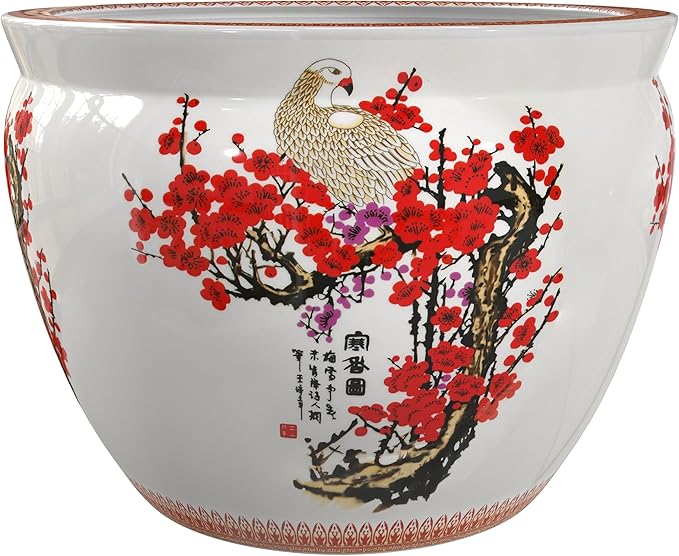 Red Lantern Large 18" Porcelain Fishbowl Cherry Blossom Planter