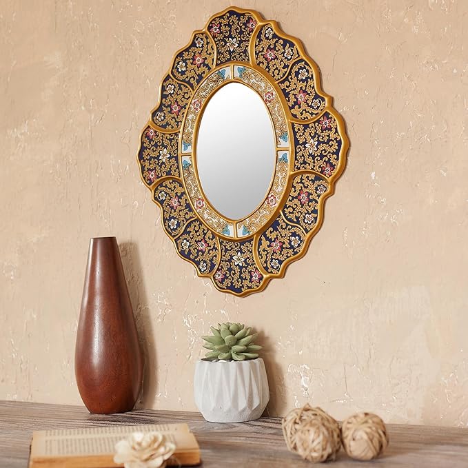 NOVICA Artisan Handcrafted Reverse Painted Glass Wall Mirror Andean Metallic Blue Glasswood Peru Decor Mirrors Floral [13.75in W x 15.25in H] ' Garden Gold'