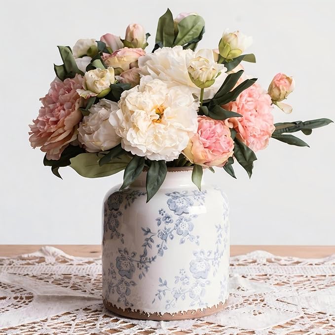 Blue Camellia Chinoiserie Vase, 6.2” Crackled White Ceramic Vase with Antique Distressed Edges, Hand-Painted Vintage Floral Vase for Home Decor, Farmhouse Table Centerpiece (Blue, 6.2")