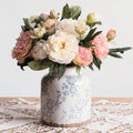 Blue Camellia Chinoiserie Vase, 6.2” Crackled White Ceramic Vase with Antique Distressed Edges, Hand-Painted Vintage Floral Vase for Home Decor, Farmhouse Table Centerpiece (Blue, 6.2")