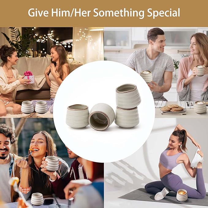 4pcs Japanese Tea Cup Set – 160ml 5.4OZ Ceramic Matcha Cup, Small Handless Espresso Cups, Cute Coffee Mugs for Valentine (Retro Grey)