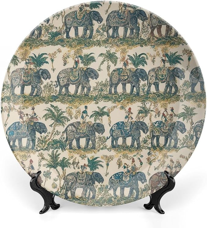 Christmas China Plates for Display South Asian India Elephant Walk Jungle Display Home Supplies Blue And White Plates with Display Stand Custom Gifts for Men Women, 6", 7", 8", 10"