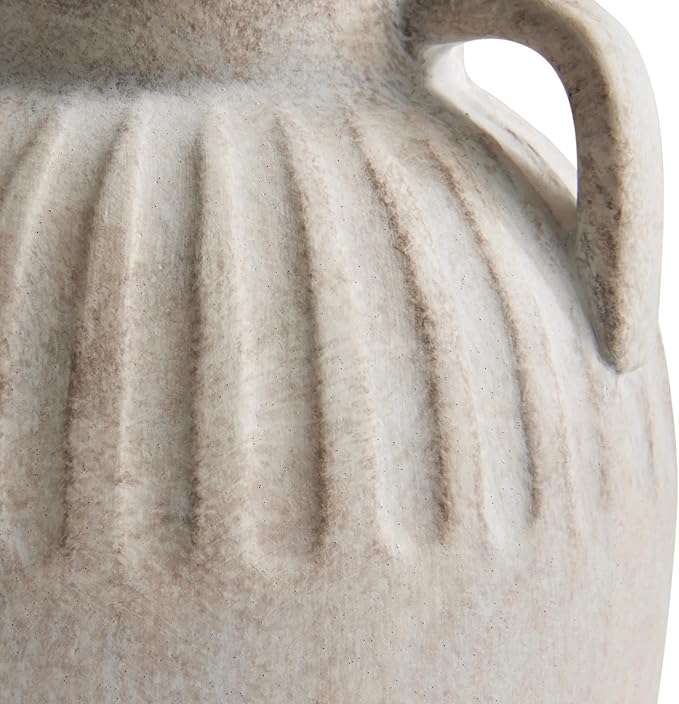 Three Handled Ceramic Vase, 10 Inch Ivory Tabletop Flower Vase for Home Decor, Modern Sculptural Centerpiece with Unique Triple Handles for Living Room Shelf Entryway