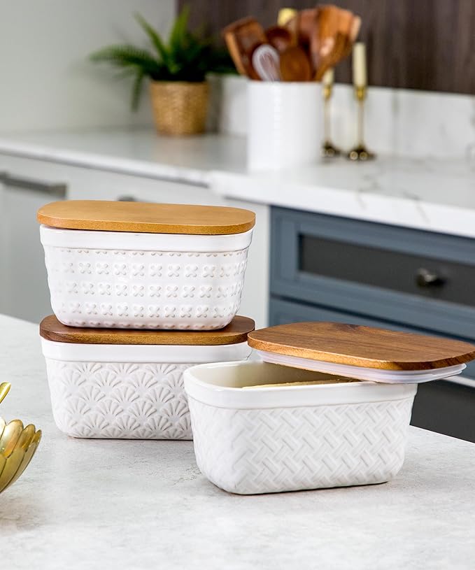 Nucookery Ceramic Butter Dish, Embossed Butter Keeper with Wood Lid for Countertop, Butter Holder and Container with Double Silicone Seal, Woven Pattern