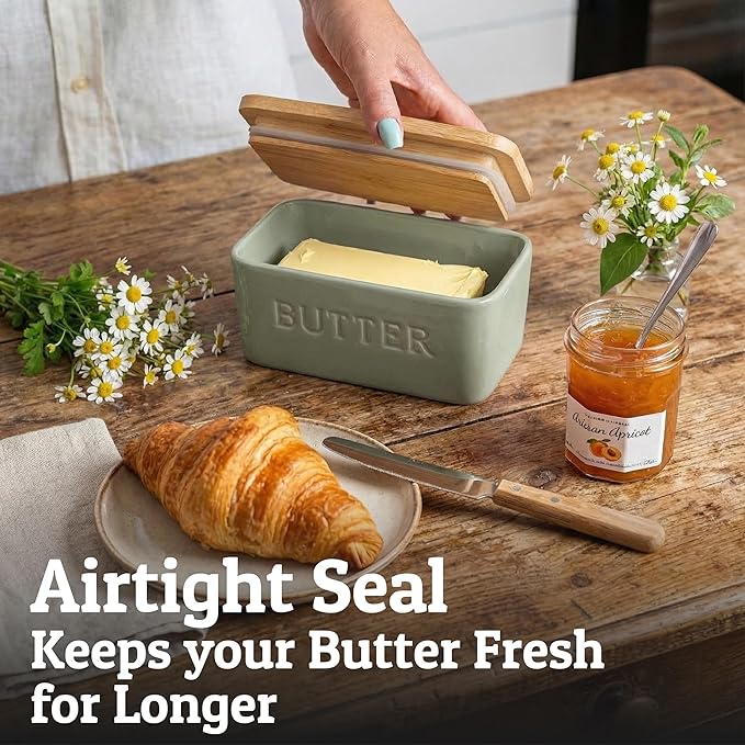 PriorityChef Extra Large Butter Dish with Lid for Countertop, Ceramic Butter Container With Airtight Cover, Butter Keeper for Counter or Fridge, Butter Holder Storage, Sage Green