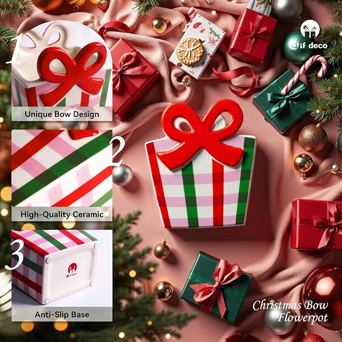 Red Bow Christmas Vase, 6.5 Inch Ceramic Unique Wide Paper Bag Vase, Xmas Cute Holiday Flower Pot for Centerpieces/Home/Living Room/Shelf Table, Modern Decor