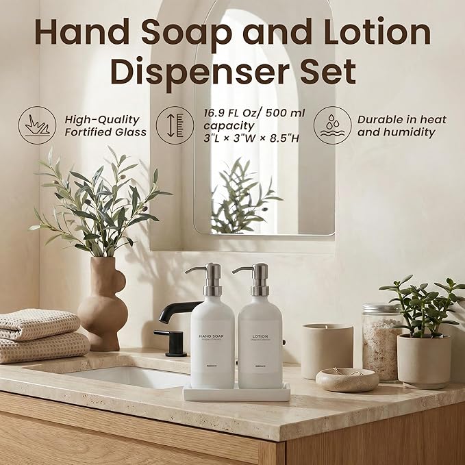 MaisoNovo Soap and Lotion Dispenser Set - Bathroom Soap Dispenser Set with White Soap Dispenser, Silver Pumps & Concrete Tray