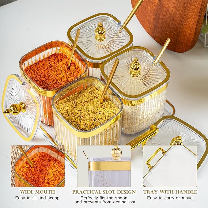4 Pack Clear Condiment Spice Jars with Lids, Spoons, Tray - Plastic Seasoning Box Set for Salt, Pepper, Sugar - Kitchen Storage