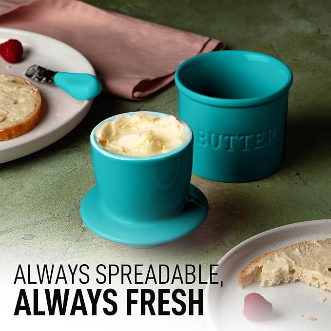 Zulay Kitchen Bell Shaped Butter Crock with Lid for Countertop with Water Line & Spreader Knife, Ceramic French Butter Dish Keeper For Fresh, Soft & Spreadable Butter - Turqoise