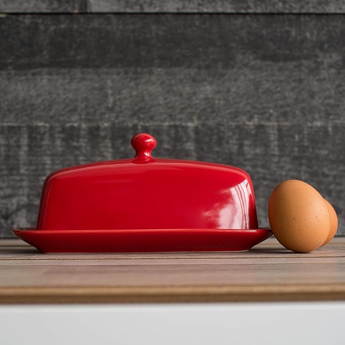Now Designs Stoneware Rectangle Butter Dish with Lid, Red 4.5 x 8 in