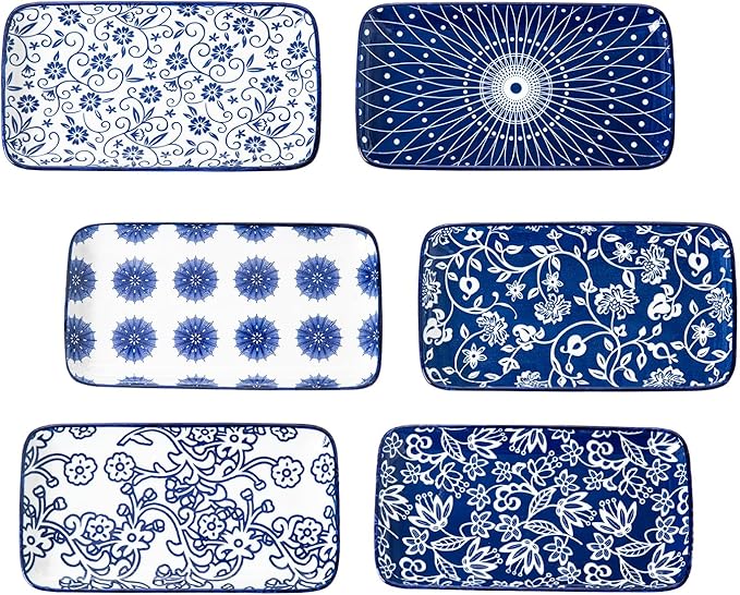 Rectangle Serving Platter Set - 8 Inch Ceramic Rectangular Dinner Plates Serving Trays for Sushi Salad Dessert Appetizer Pasta - Oven Microwave Dishwasher Safe - Set of 6 - Blue and White