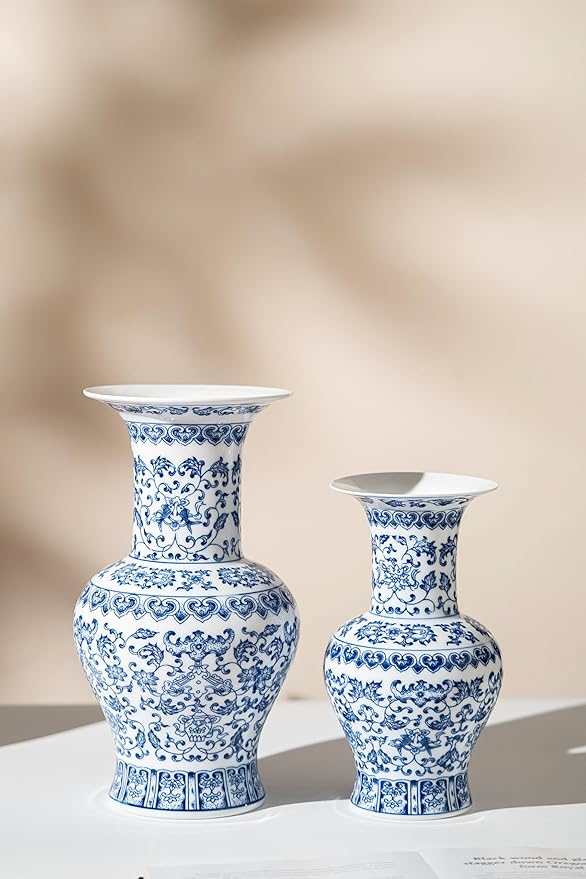Vintage Blue and White Porcelain Vase, Chinoiserie Ginger Jar Vase for Home Decor, Flower Vase for Tabletop, 12" H