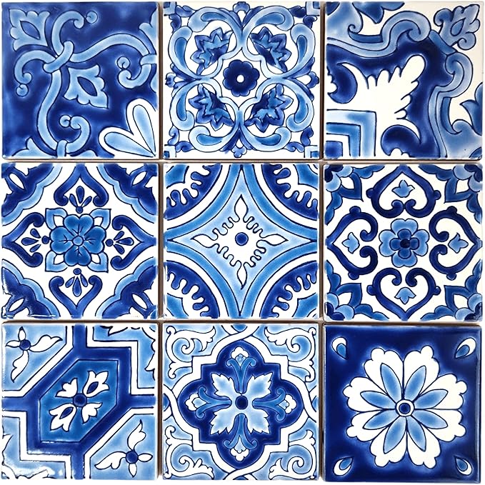 DYARI Set of 9 Decorative Ceramic Tiles – Hand Painted Indoor & Outdoor – Artisan Top Kitchen – Mediterranean Decorative 4x4 / One Tile Durable Colorful (Blue, 45 Tiles (5 Sq Ft))