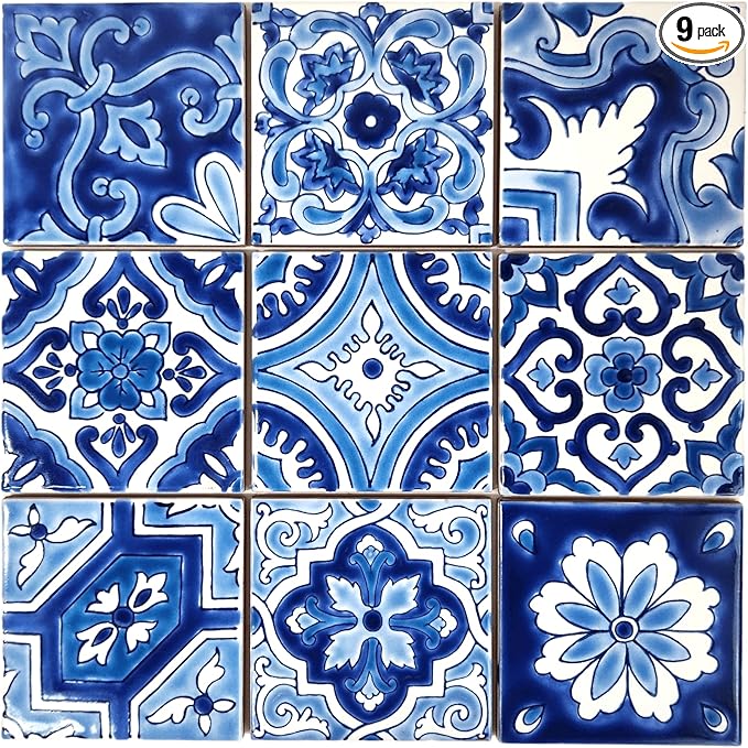 DYARI Set of 9 Decorative Ceramic Tiles – Hand Painted Indoor & Outdoor – Artisan Top Kitchen – Mediterranean Decorative 4x4 / One Tile Durable Colorful (Blue, Sample (1 Tile 4x4))