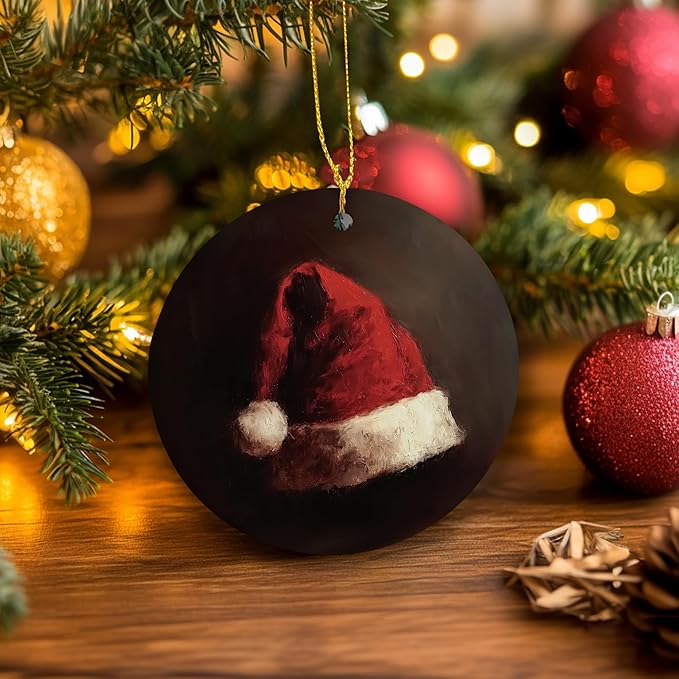 Rustic Christmas Santa Hat Ceramic Ornament Gifts, Winter Dark Moody Christmas Xmas Tree Decorative Hanging Ornaments for Holiday Party Decoration, Winter Xmas Tree Decorations