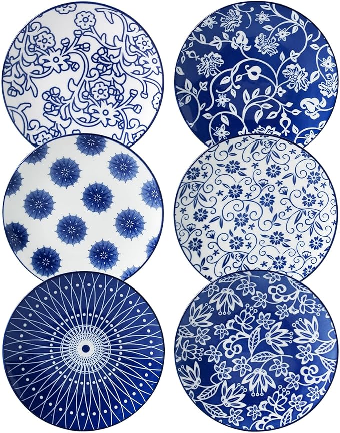 Ceramic Dessert Plates Set - 6 Inch Mini Appetizer Plates for Kitchen - Small Salad Plate for Snacks Side Dish Cake, Gift, Microwave Dishwasher Safe, Vintage Blue
