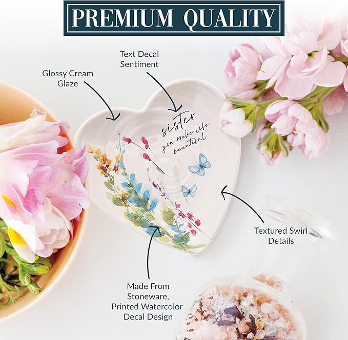 Pavilion Gift Company - Sister - Ceramic Heart-Shaped Keepsake Dish, Watercolor Floral Design, Unique Gifts for A Sister, Trinket Dish, Ring Holder, Jewelry Dish, 1 Count, 4.5 inches
