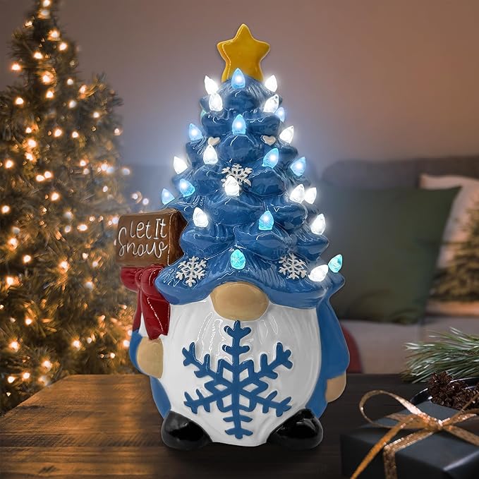 Winter Gnomes Ceramic Tree Decor, Blue Winter Decorations for Home Ceramic Tree with Light Up, Christmas Blue Gnome Lighted Figurines for Table Centerpieces Home Decor Indoor Outdoor Party