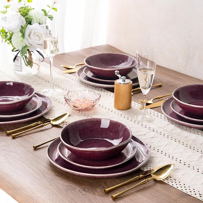 AmorArc Ceramic Dinnerware Sets,Handmade Reactive Glaze Stoneware Plates and Bowls Sets,Highly Scratch Resistant | Dishwasher & Microwave Safe Dishes Set,Service for 4 (12pc)