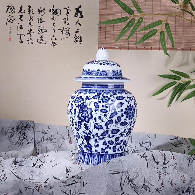 Handmade Blue and White Porcelain Ginger Jar - Traditional Chinoiserie Decorative Storage Vase, Thin-Walled Ceramic Jar for Home Decor, Tea & Display (Leaves)