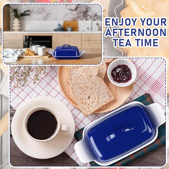 Qinyoung Ceramic Butter Dish with Lid for Countertop Extra Large Elegant Butter Dish Tray with Handle Durable Heavyweight Glazed Ceramic Kitchen Container Keeper Non-slip Base Minimalist(Blue)
