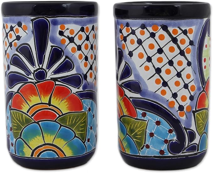 NOVICA Ceramic Tumblers Handpainted Floral from Mexico Multicolor Tableware Drinkware Glasses Juice Water Cocktail Talavera Hacienda [ 4.7in H x 3in Diam. 10 Oz.] 'Raining Flowers'(Pair)