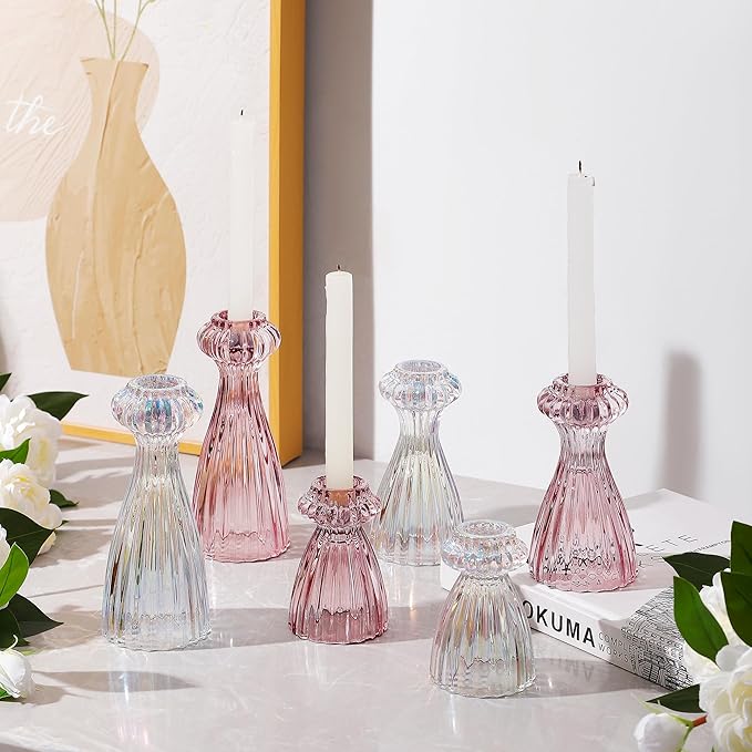 Lysenn Glass Candle Stick Holder Set of 3 – Premium Taper Candle Holders for Romantic Ambiance - Candle Sticks Holder Decor for Special Occasions - Iridescent