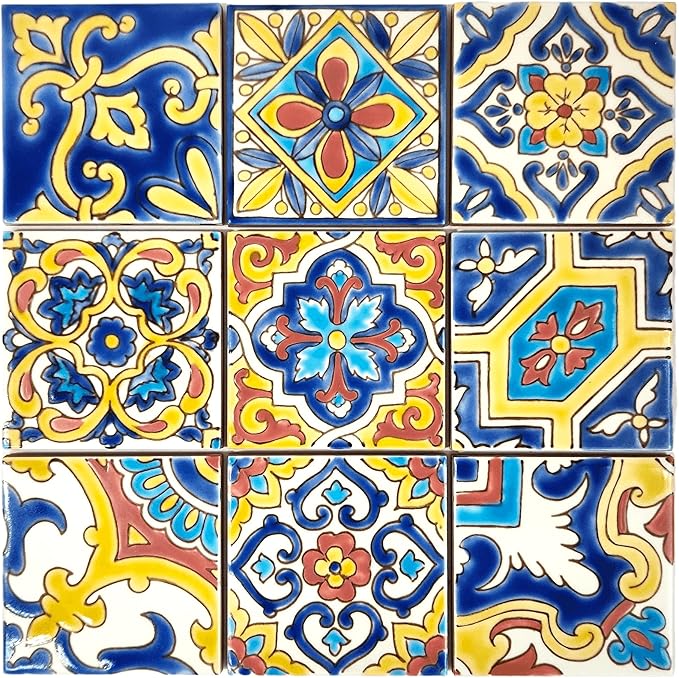 DYARI Set of 9 Decorative Ceramic Tiles – Hand Painted Indoor & Outdoor – Artisan Top Kitchen – Mediterranean Decorative 4x4 / One Tile Durable Colorful (Yellow & Red, 45 Tiles (5 Sq Ft))