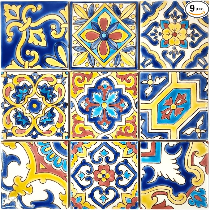 DYARI Set of 9 Decorative Ceramic Tiles – Hand Painted Indoor & Outdoor – Artisan Top Kitchen – Mediterranean Decorative 4x4 / One Tile Durable Colorful (Yellow & Red, Sample (1 Tile 4x4))